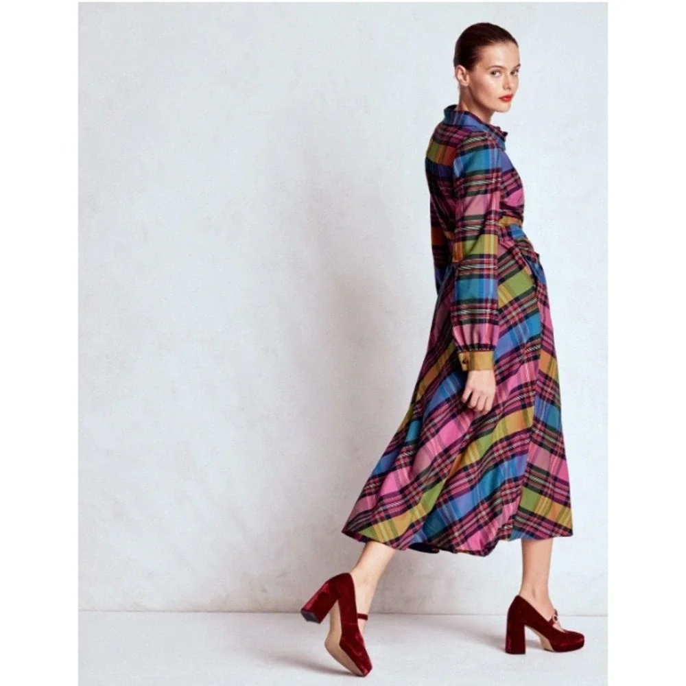 Boden Vivienne Bold Check Button Up Maxi Dress Belted Long Sleeve | Size 8 - Picture 13 of 13